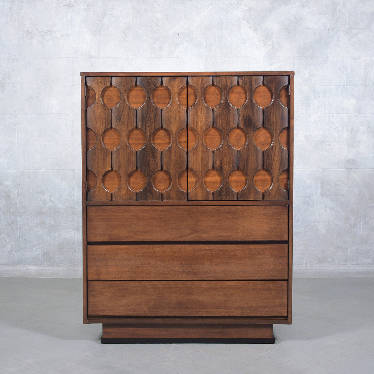 Vintage 1960s Walnut Chest of Drawers with Sculptured Doors