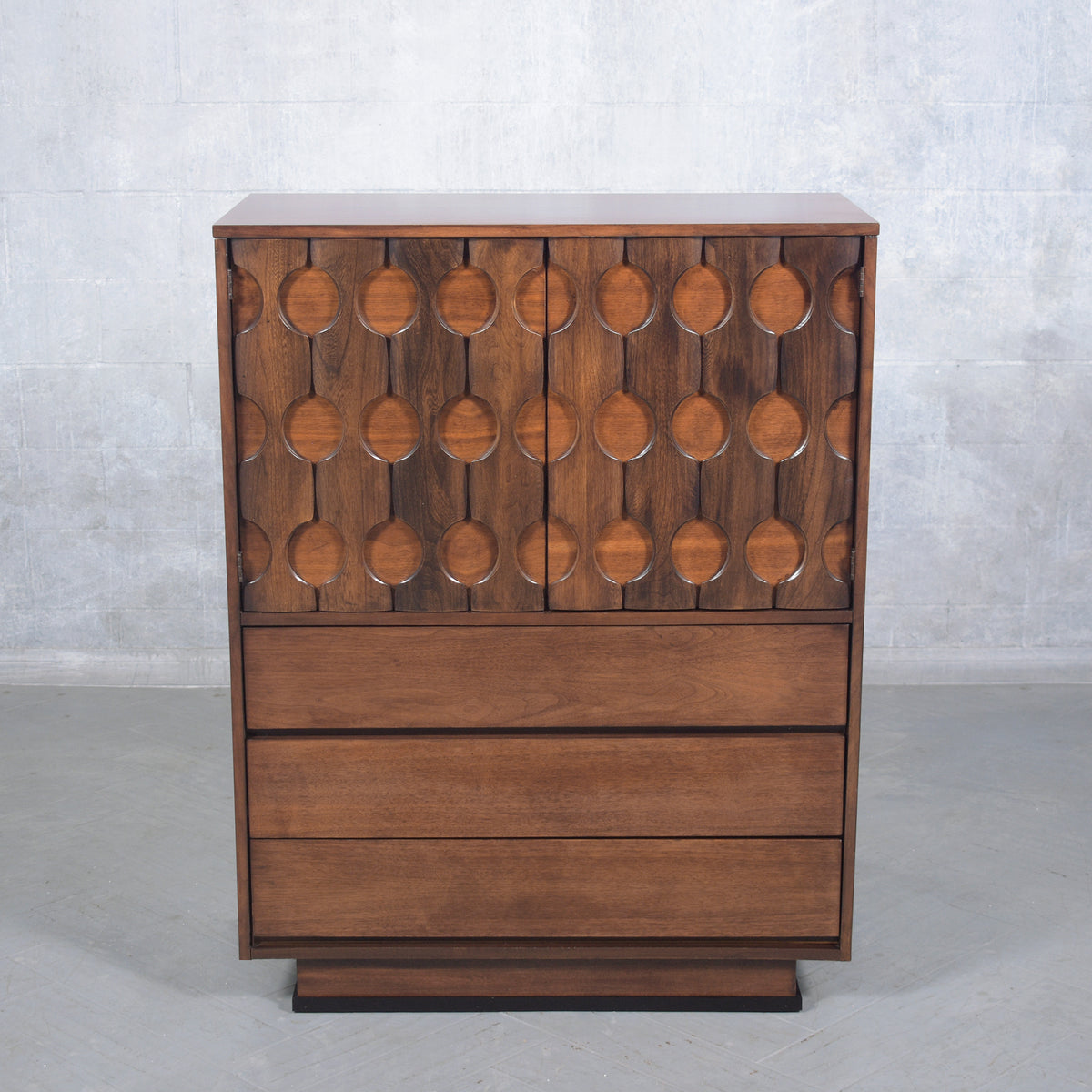 Vintage 1960s Walnut Chest of Drawers with Sculptured Doors