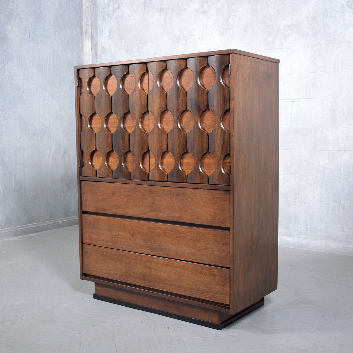 Vintage 1960s Walnut Chest of Drawers with Sculptured Doors