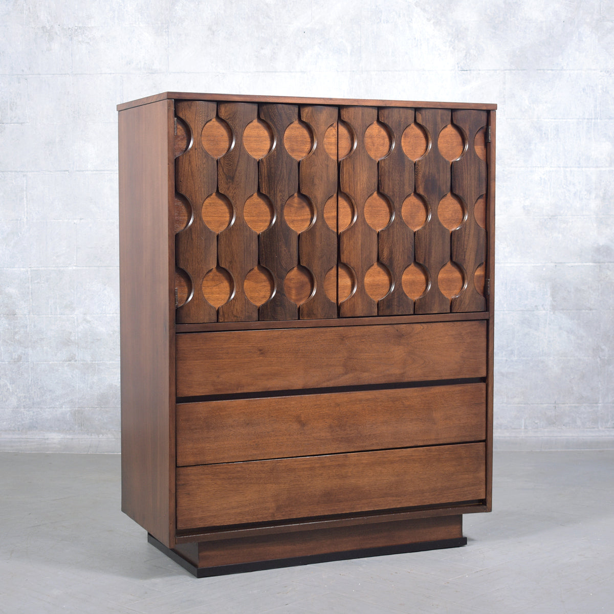 Vintage 1960s Walnut Chest of Drawers with Sculptured Doors