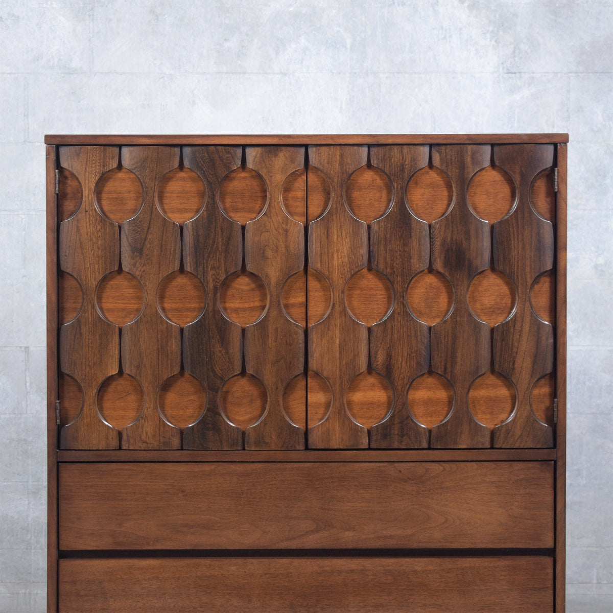 Vintage 1960s Walnut Chest of Drawers with Sculptured Doors