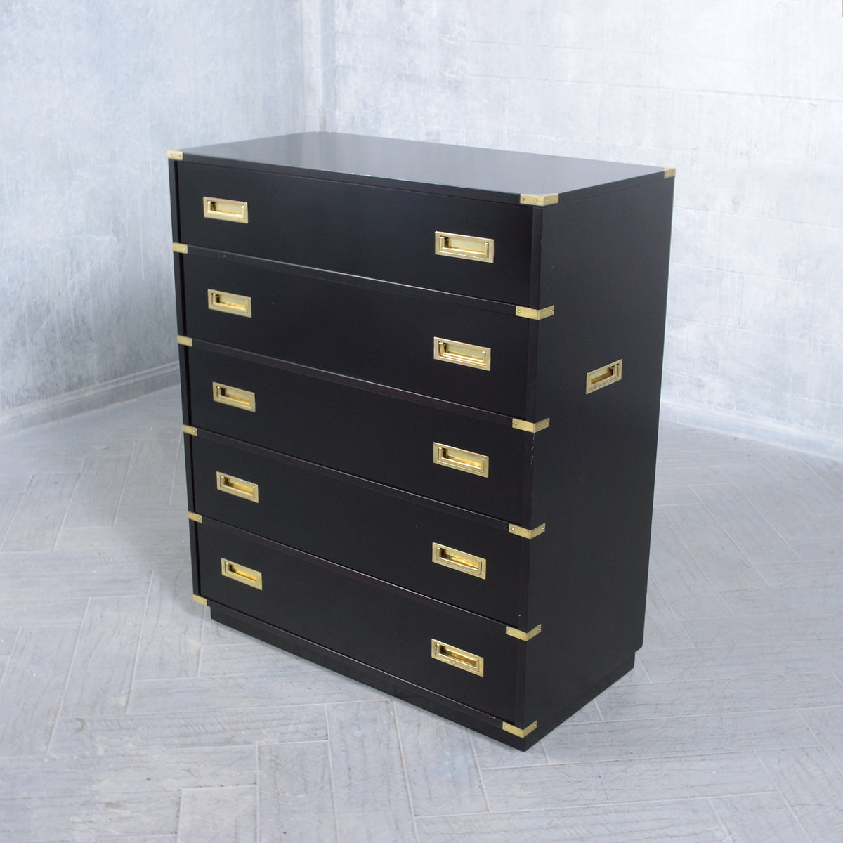 1940s Ebonized Campaign Mahogany Chest of Drawers