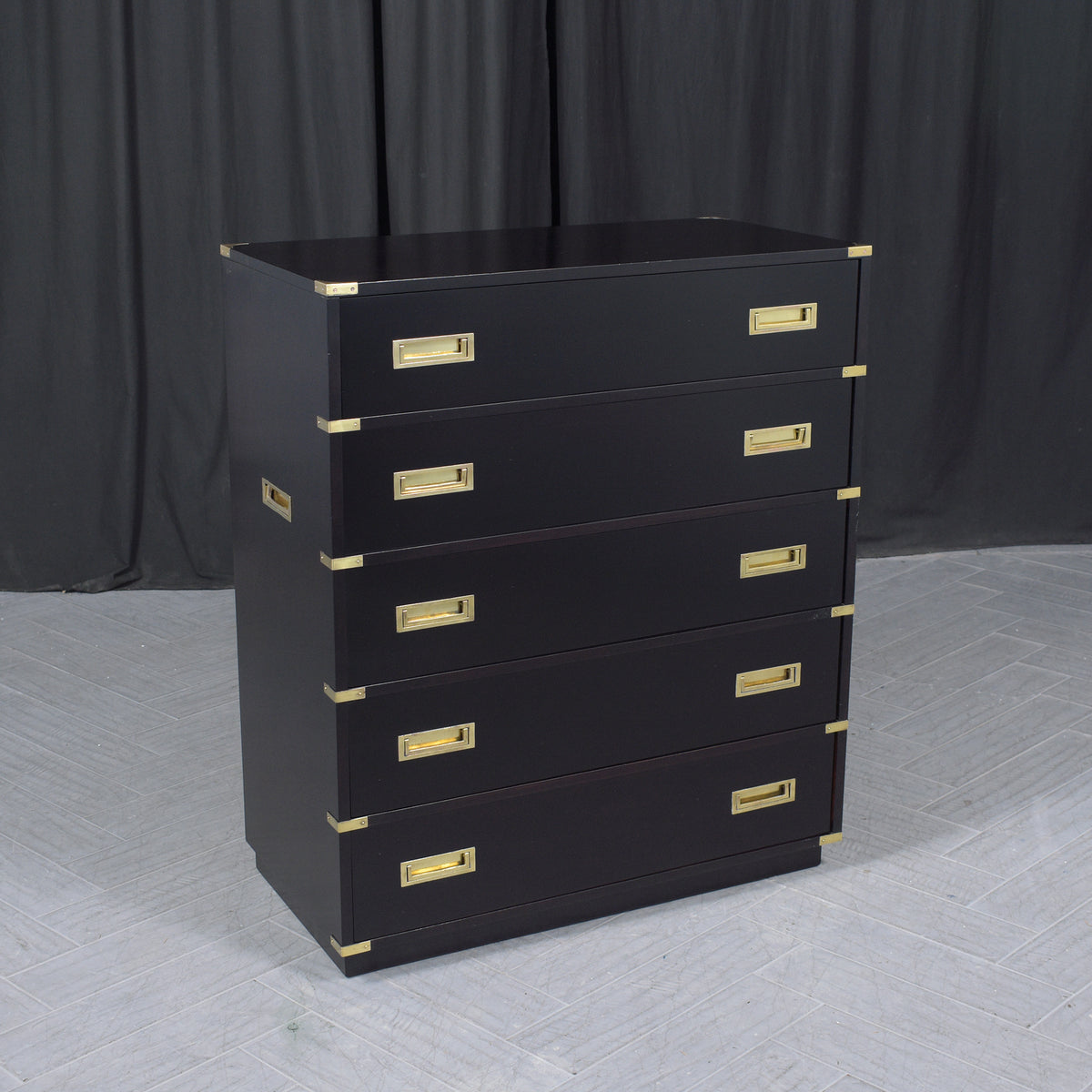 1940s Ebonized Campaign Mahogany Chest of Drawers