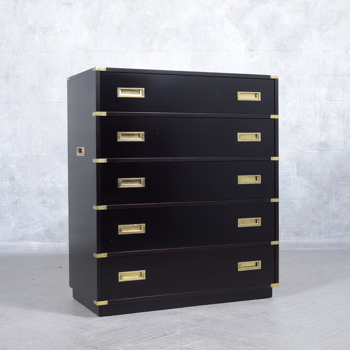 1940s Ebonized Campaign Mahogany Chest of Drawers