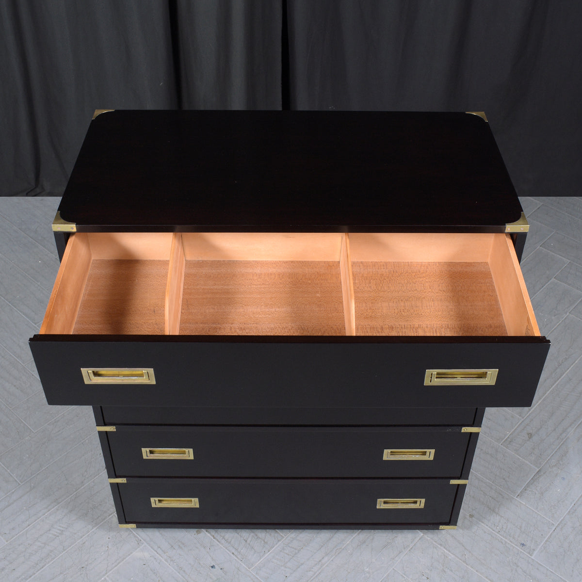 1940s Ebonized Campaign Mahogany Chest of Drawers