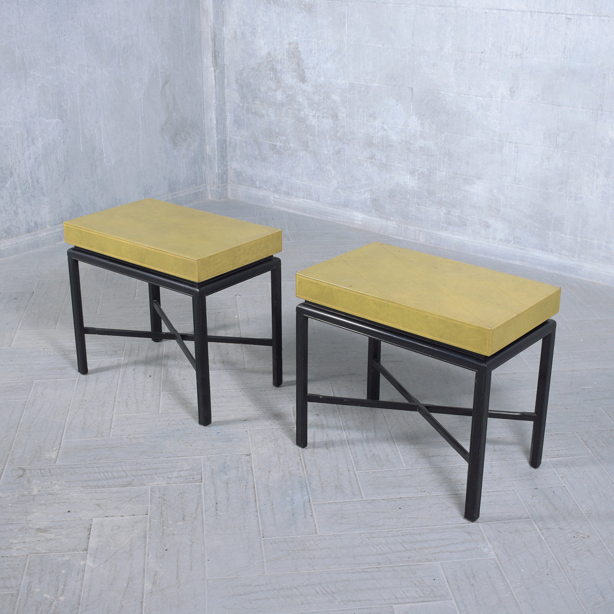 Pair of Restored Vintage Sheraton Style Side Tables with Green Leather Top