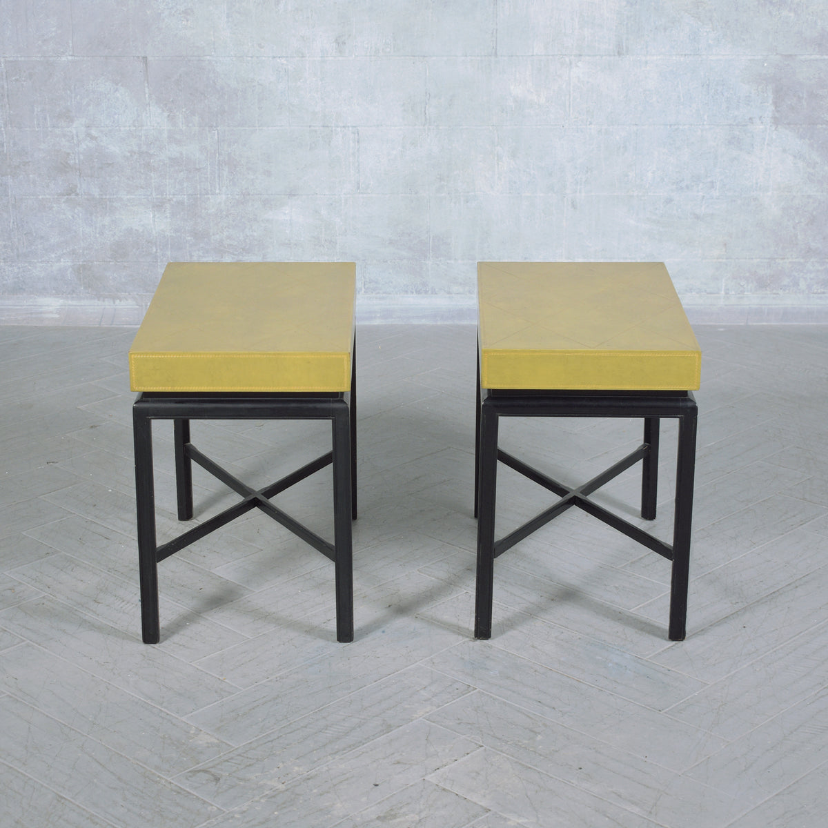 Pair of Restored Vintage Sheraton Style Side Tables with Green Leather Top