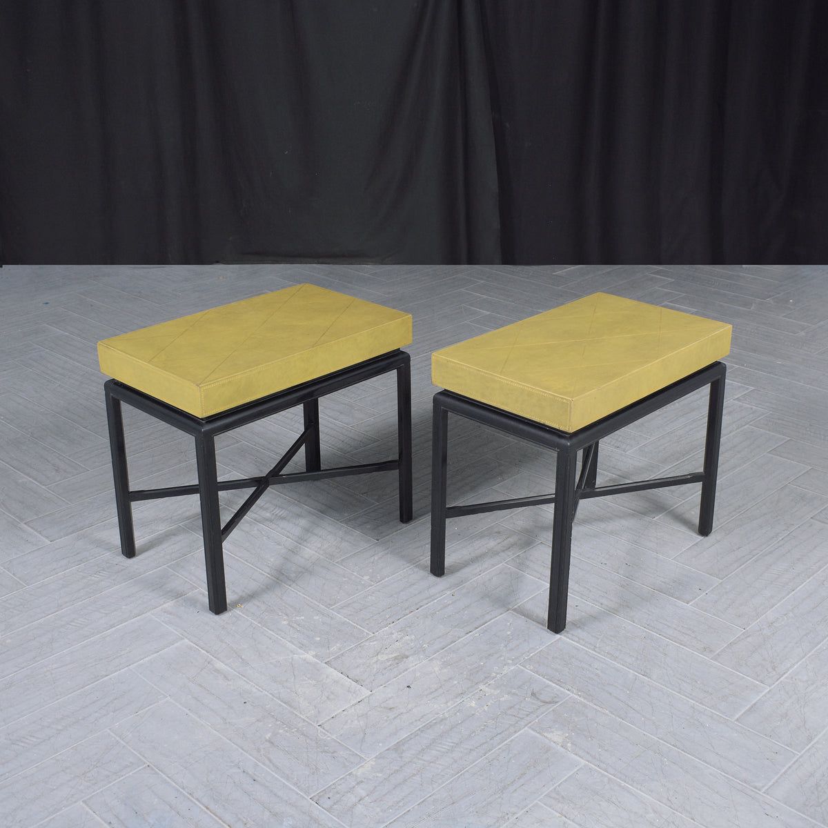 Pair of Restored Vintage Sheraton Style Side Tables with Green Leather Top