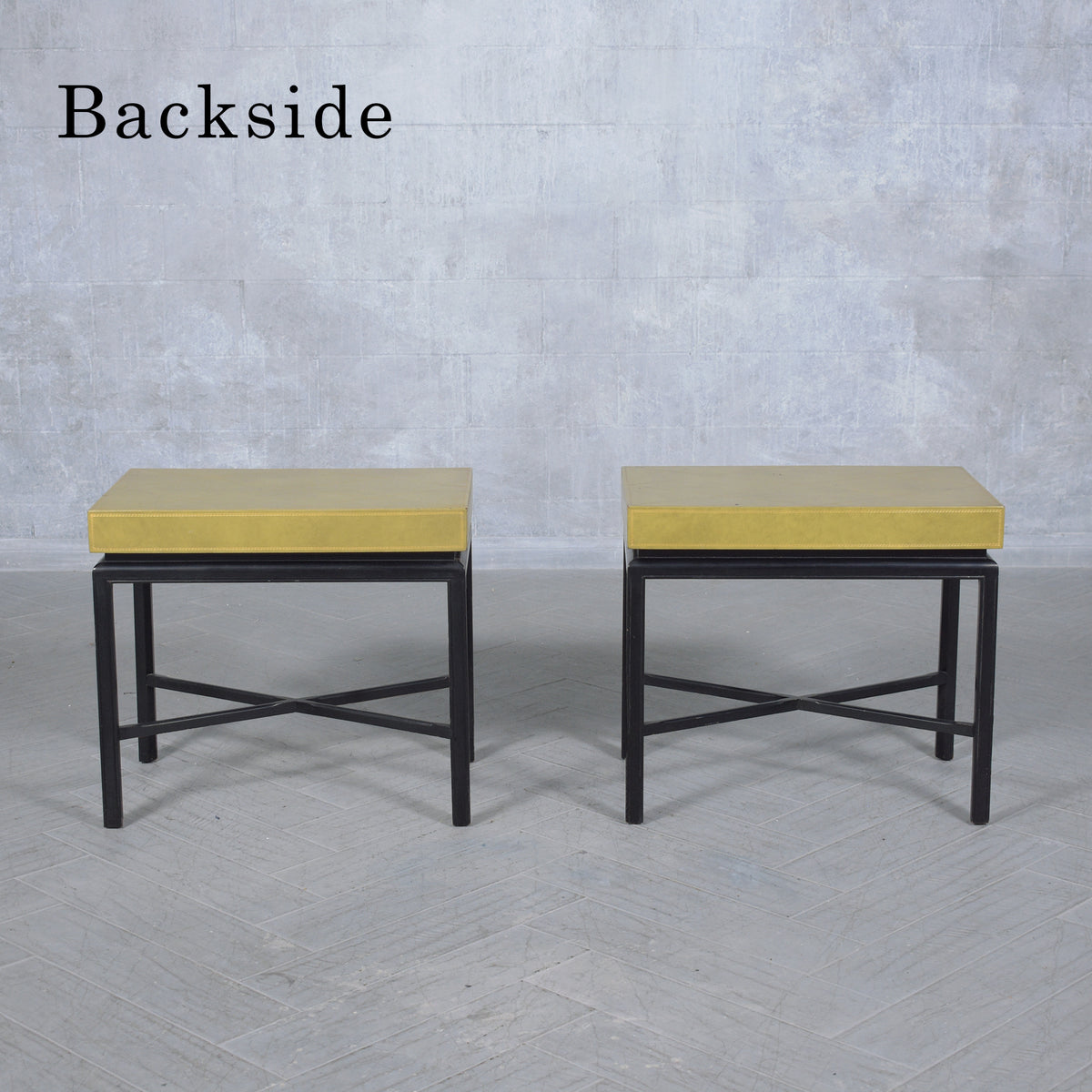 Pair of Restored Vintage Sheraton Style Side Tables with Green Leather Top