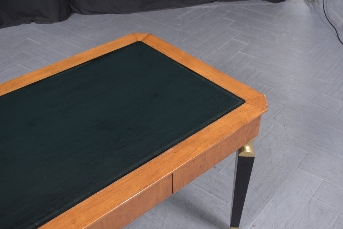 Restored 1970 Empire Desk: Light Walnut & Ebonized Finish with Green Leather Top