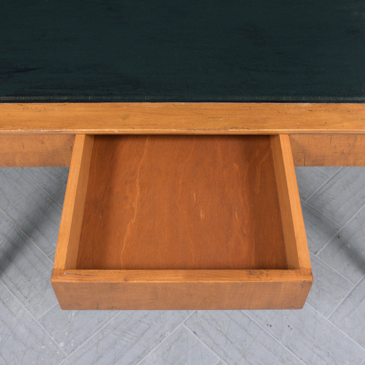 Restored 1970 Empire Desk: Light Walnut & Ebonized Finish with Green Leather Top