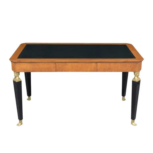 Restored 1970 Empire Desk: Light Walnut & Ebonized Finish with Green Leather Top