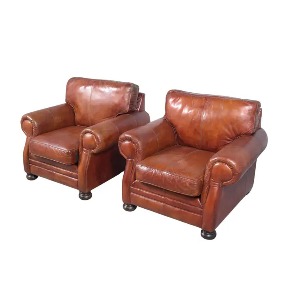 Restored Vintage Leather Armchairs: Rich Cognac Brown Elegance