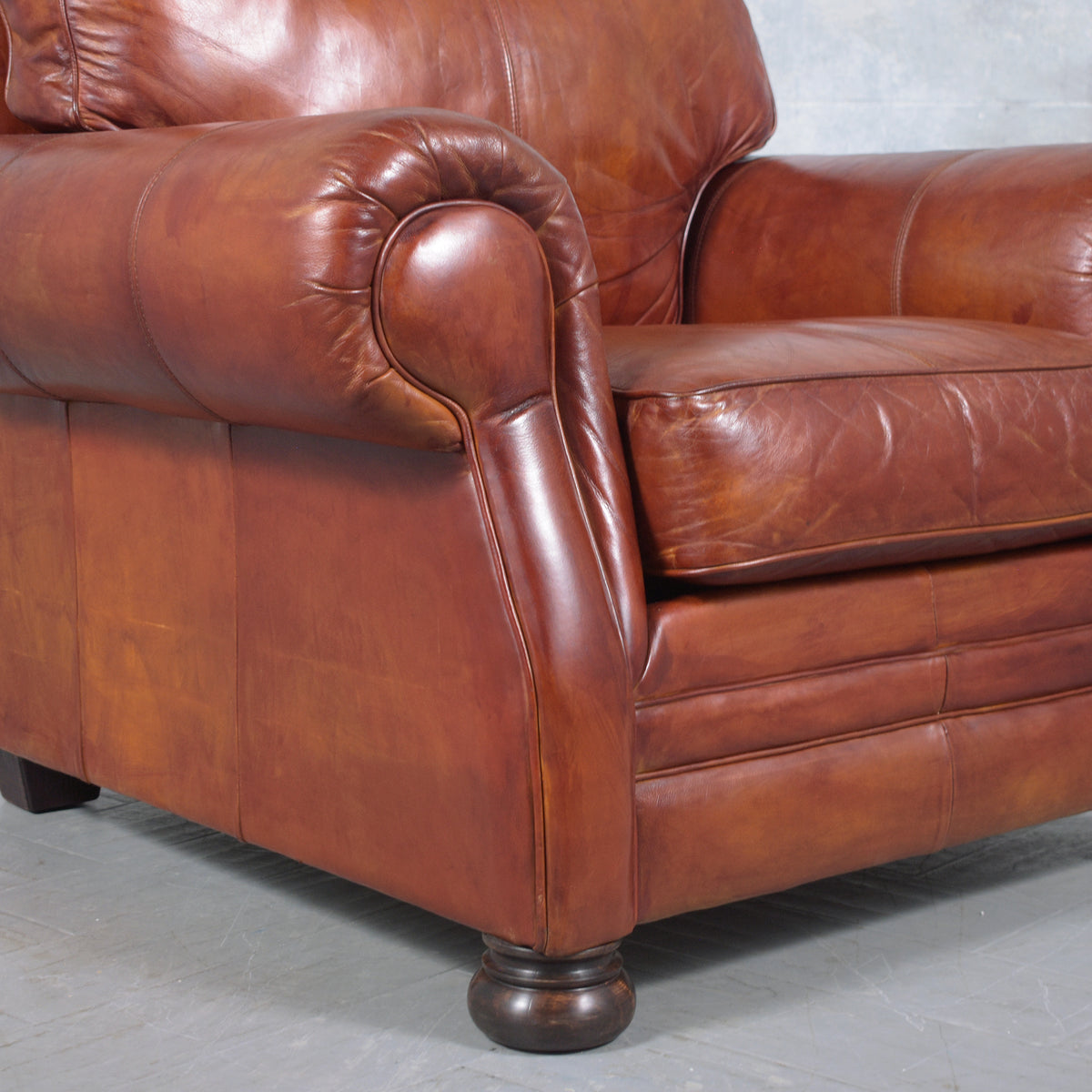 Restored Vintage Leather Armchairs: Rich Cognac Brown Elegance
