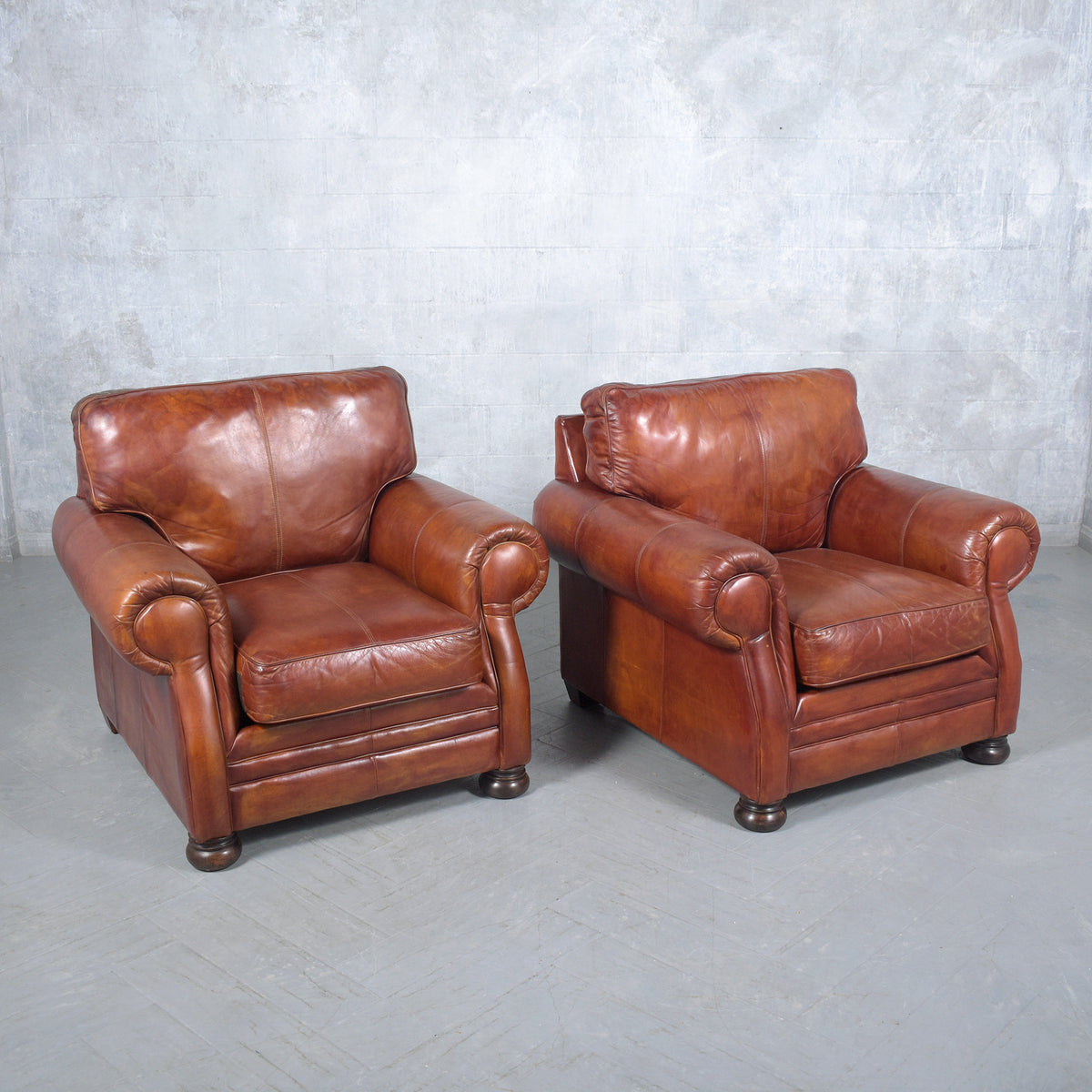 Restored Vintage Leather Armchairs: Rich Cognac Brown Elegance