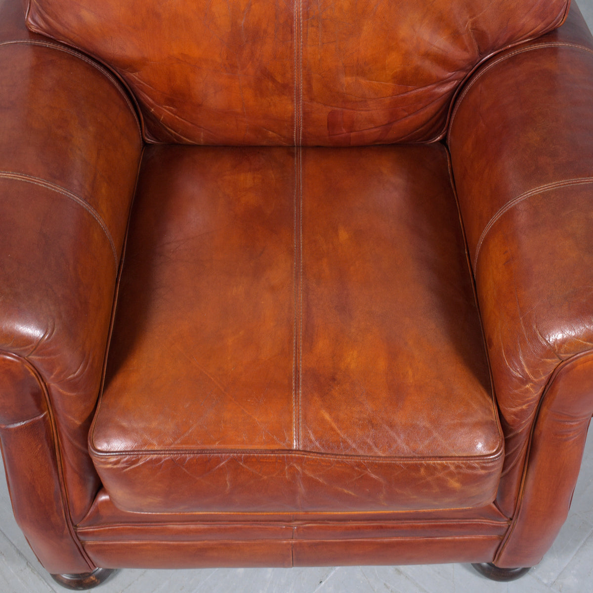 Restored Vintage Leather Armchairs: Rich Cognac Brown Elegance