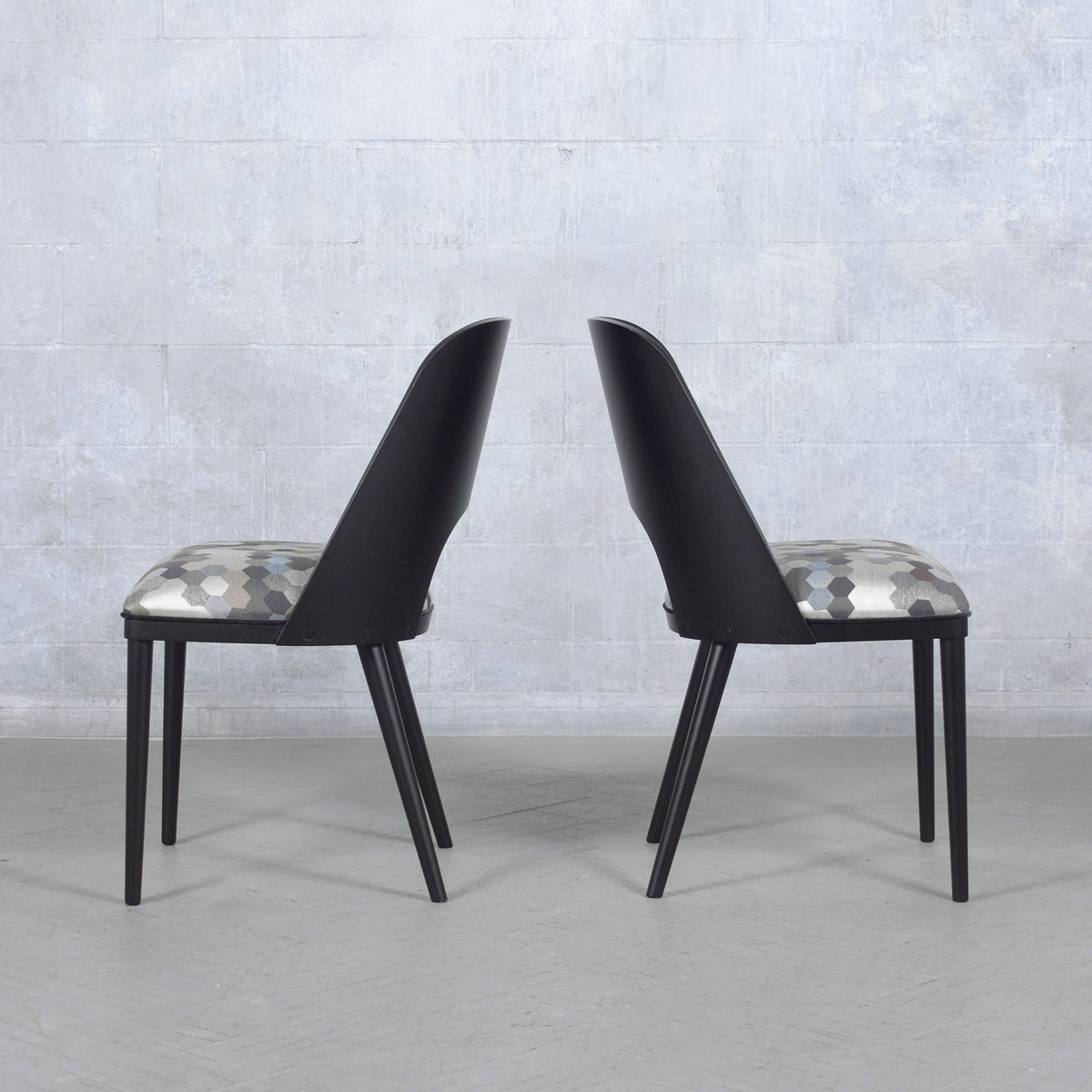 Set of Ten Modern Dining Chairs with Barrel Backs and Multicolor Upholstery