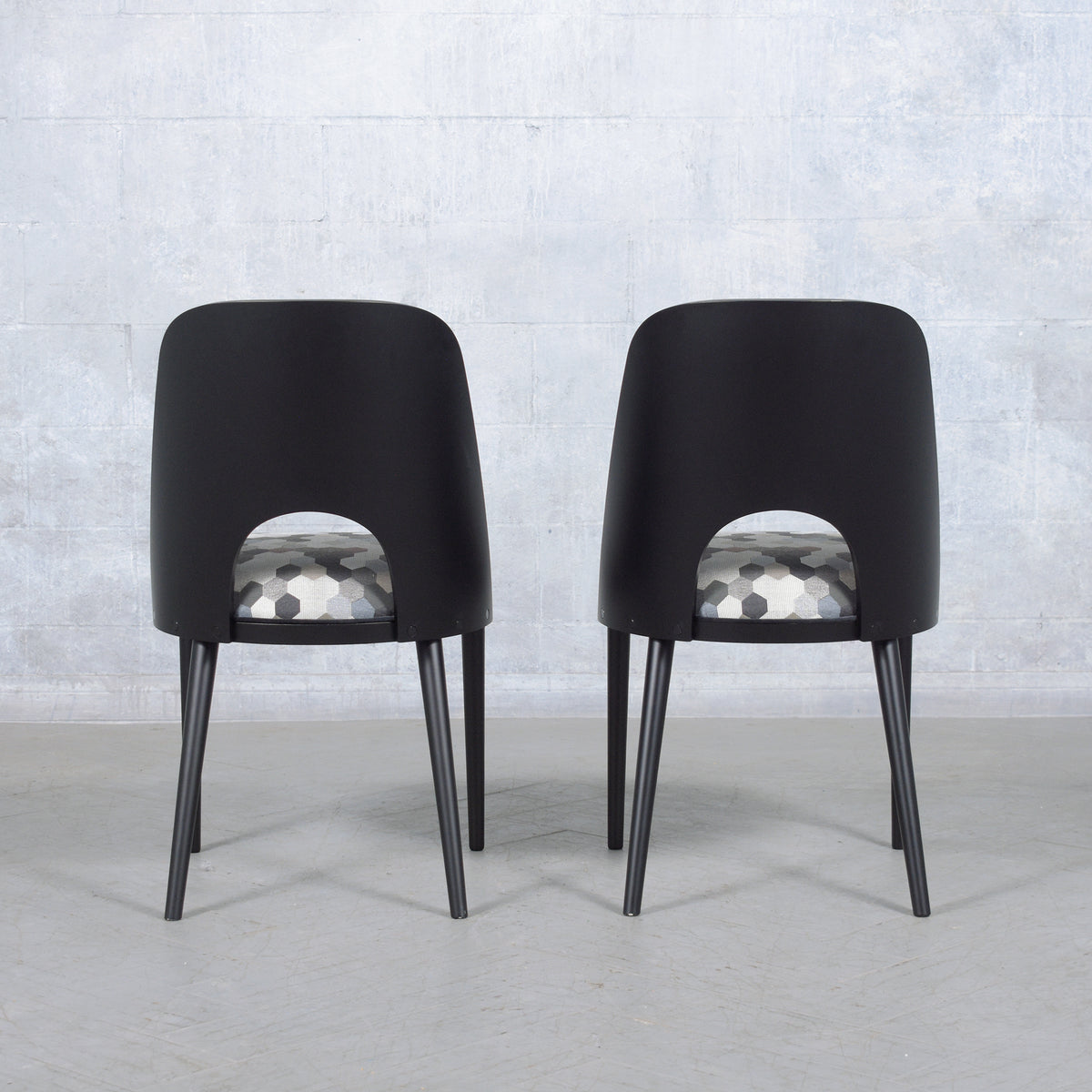 Set of Ten Modern Dining Chairs with Barrel Backs and Multicolor Upholstery