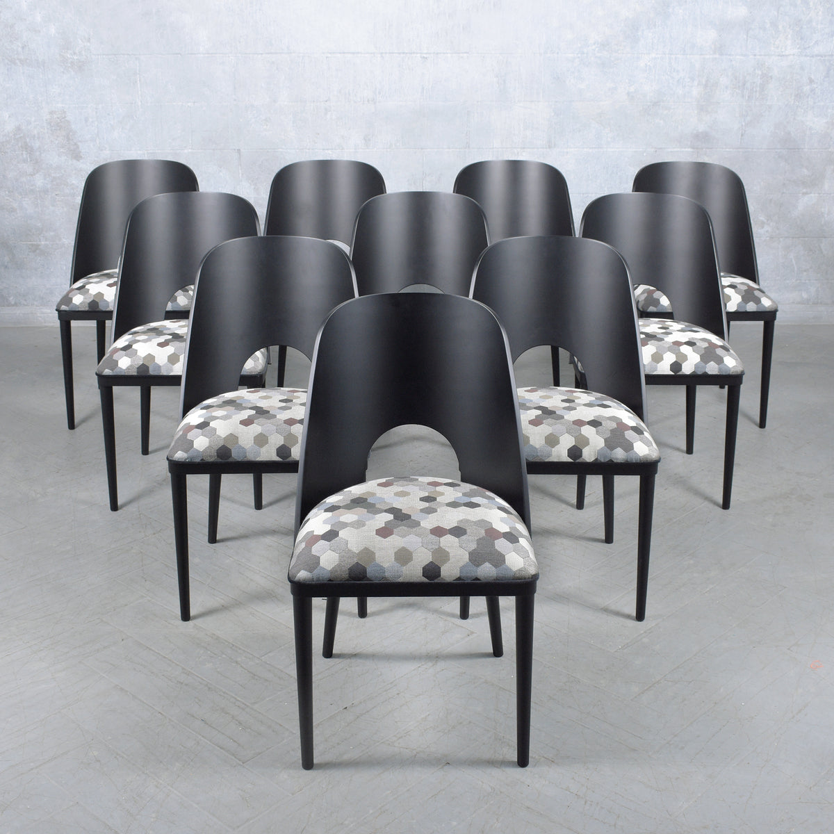Set of Ten Modern Dining Chairs with Barrel Backs and Multicolor Upholstery
