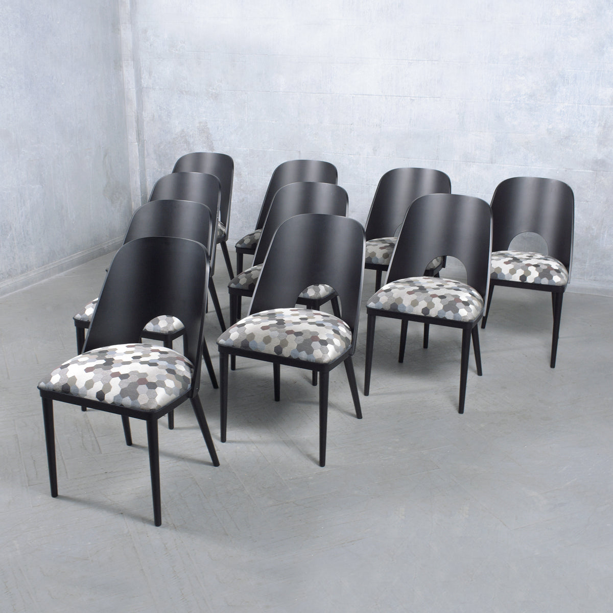 Set of Ten Modern Dining Chairs with Barrel Backs and Multicolor Upholstery