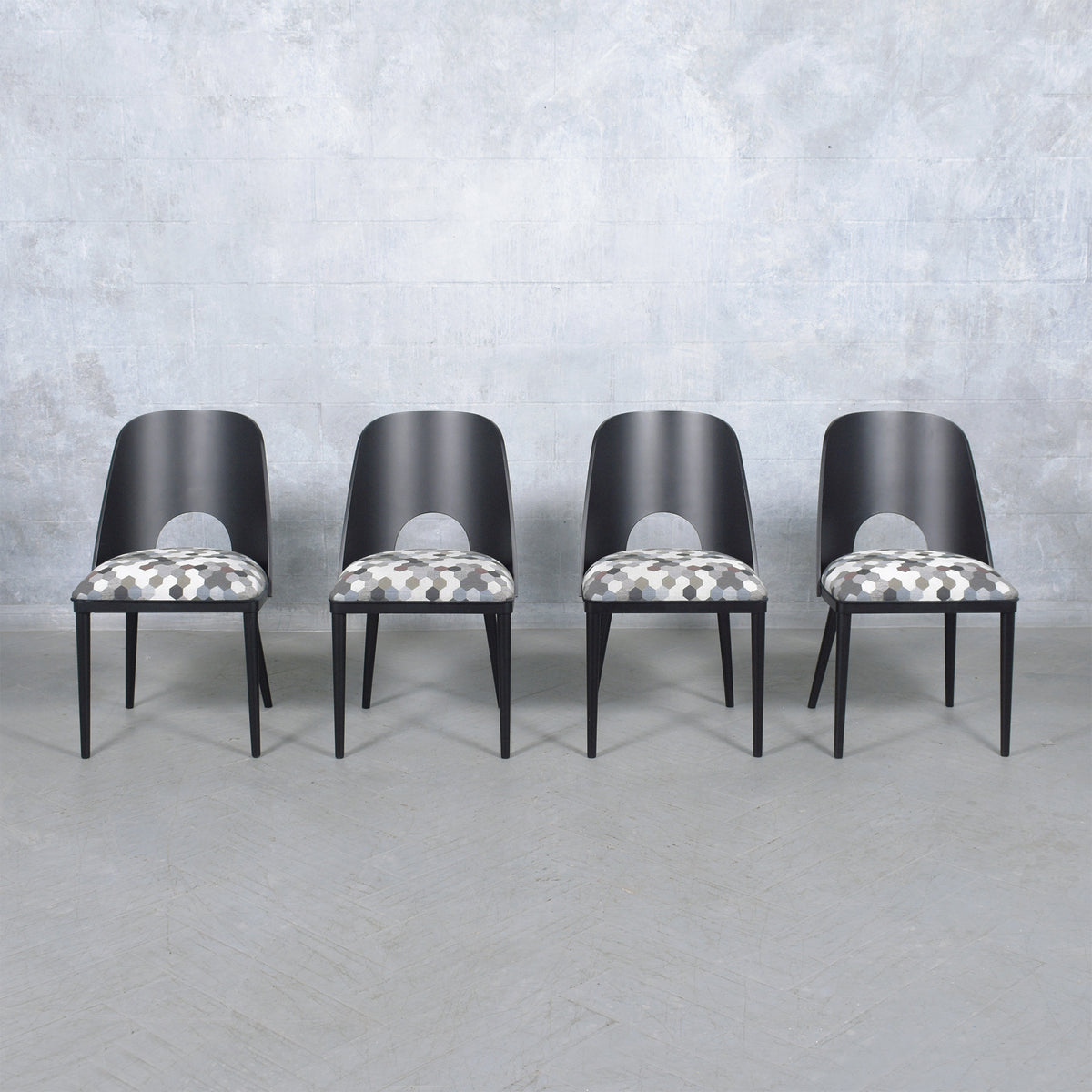 Set of Ten Modern Dining Chairs with Barrel Backs and Multicolor Upholstery