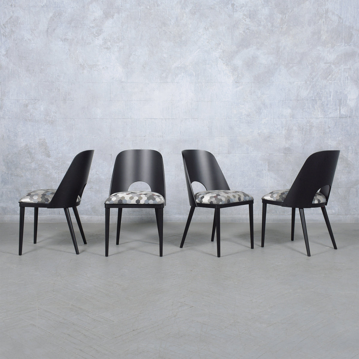 Set of Ten Modern Dining Chairs with Barrel Backs and Multicolor Upholstery