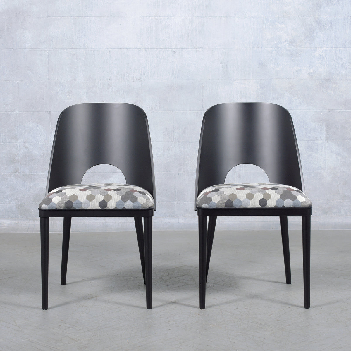 Set of Ten Modern Dining Chairs with Barrel Backs and Multicolor Upholstery