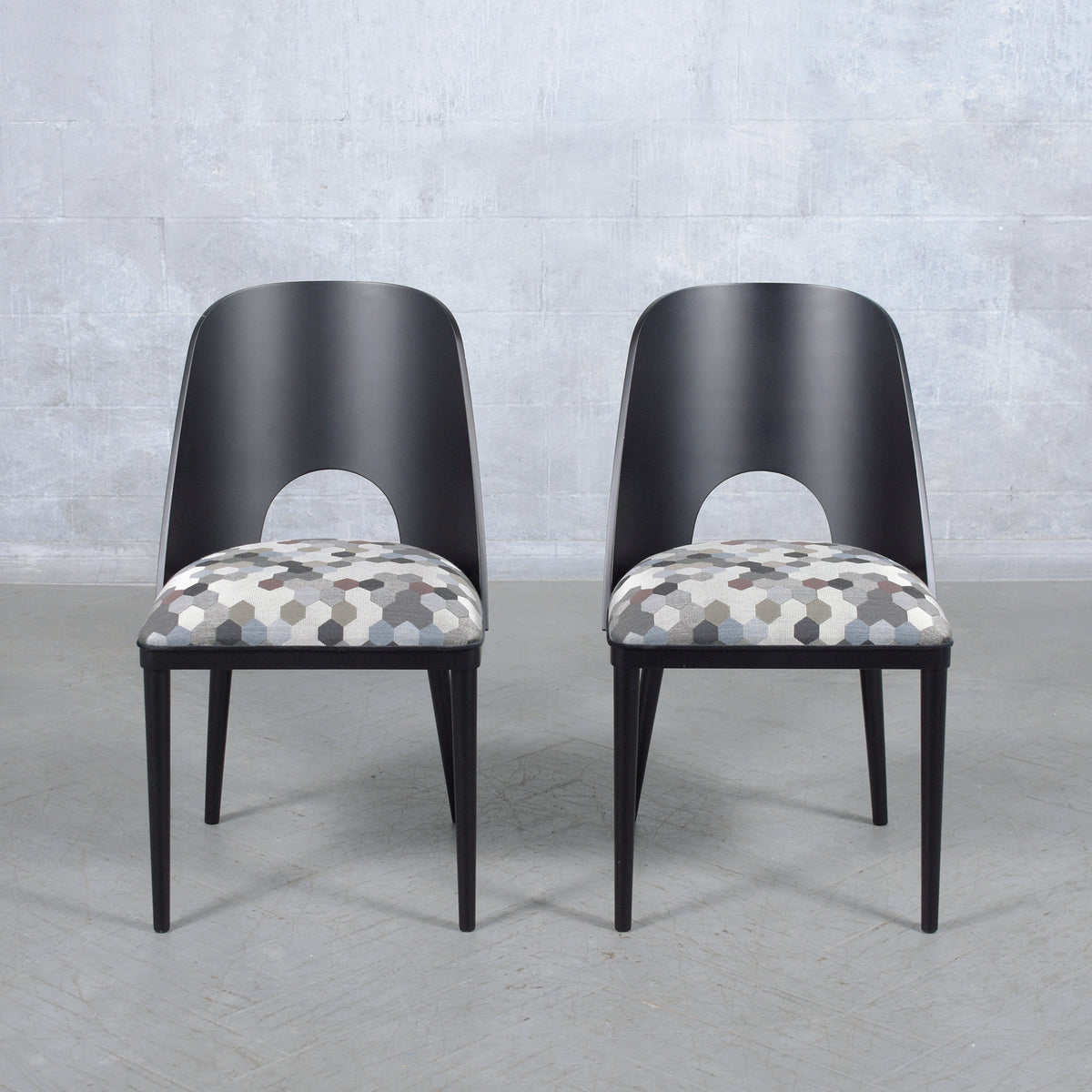 Set of Ten Modern Dining Chairs with Barrel Backs and Multicolor Upholstery