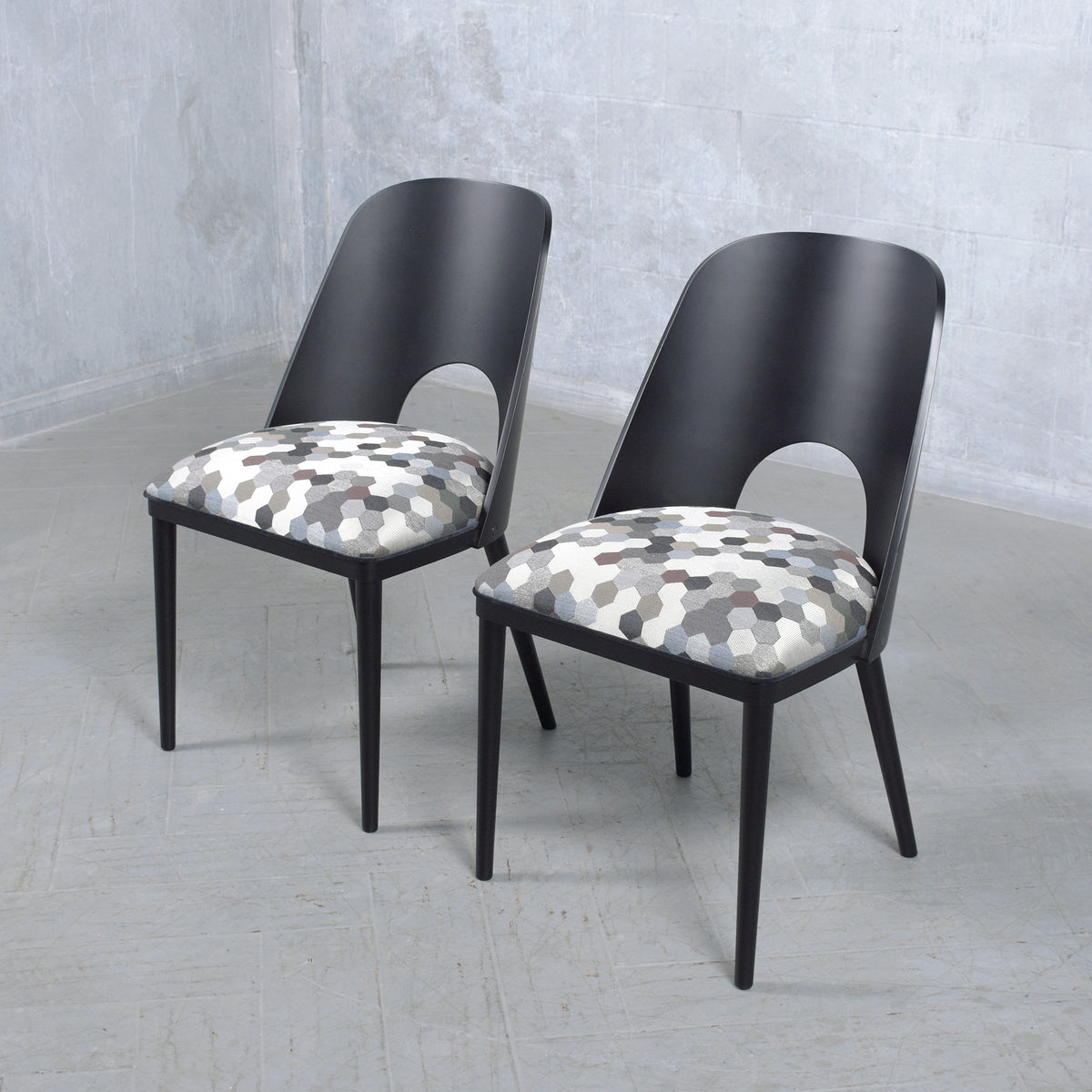 Set of Ten Modern Dining Chairs with Barrel Backs and Multicolor Upholstery