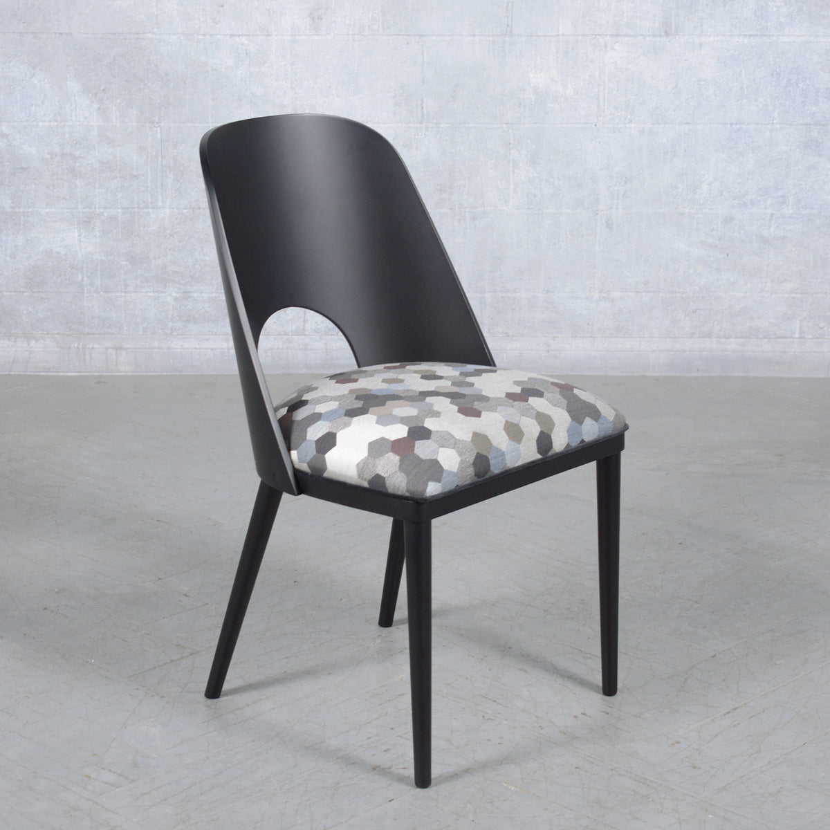 Set of Ten Modern Dining Chairs with Barrel Backs and Multicolor Upholstery