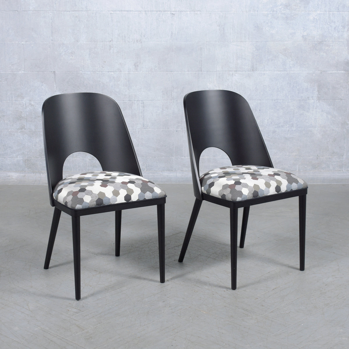 Set of Ten Modern Dining Chairs with Barrel Backs and Multicolor Upholstery