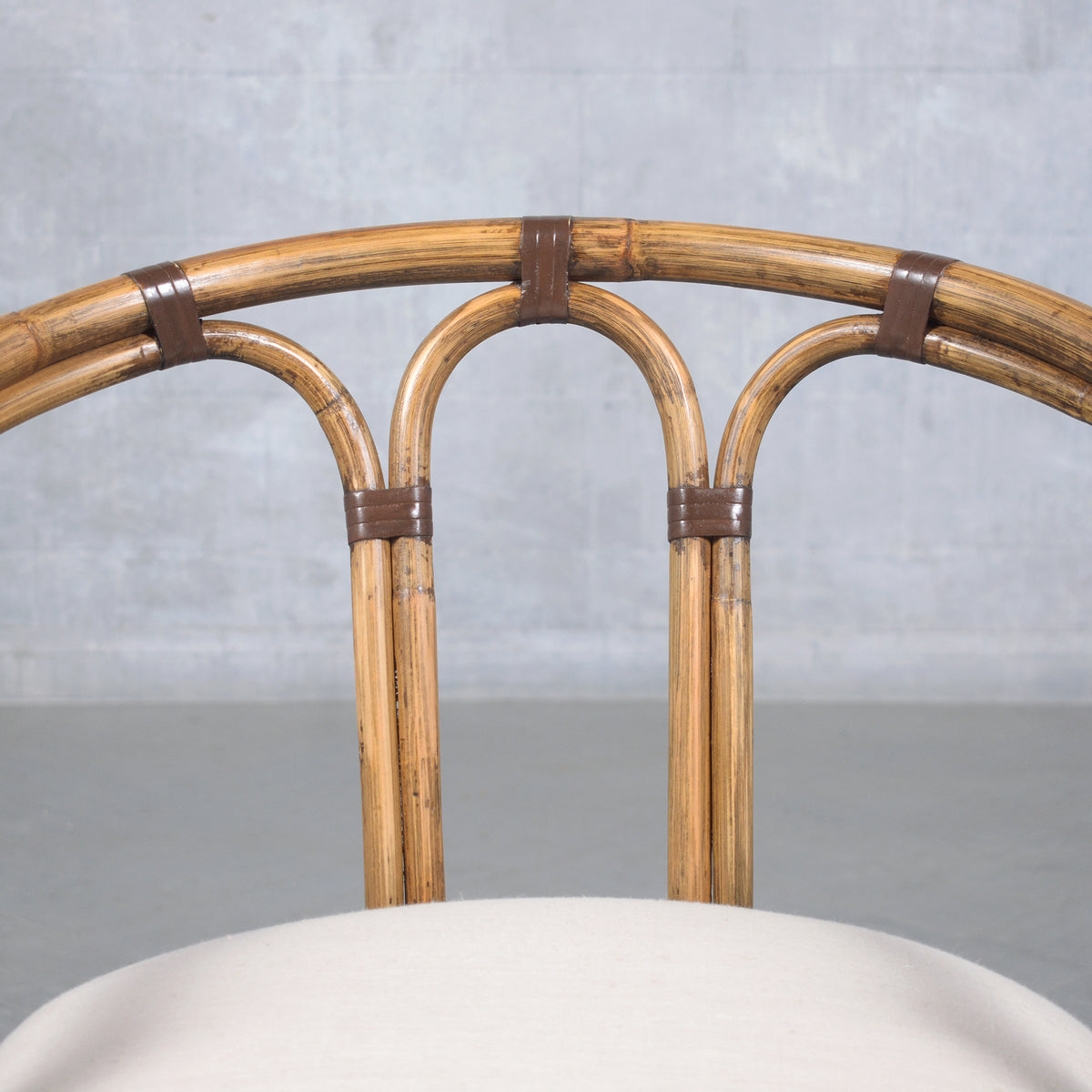 Restored Vintage Pair of Bamboo Barrel Chairs with Ivory Fabric