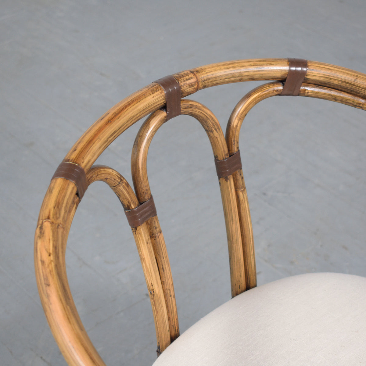 Restored Vintage Pair of Bamboo Barrel Chairs with Ivory Fabric
