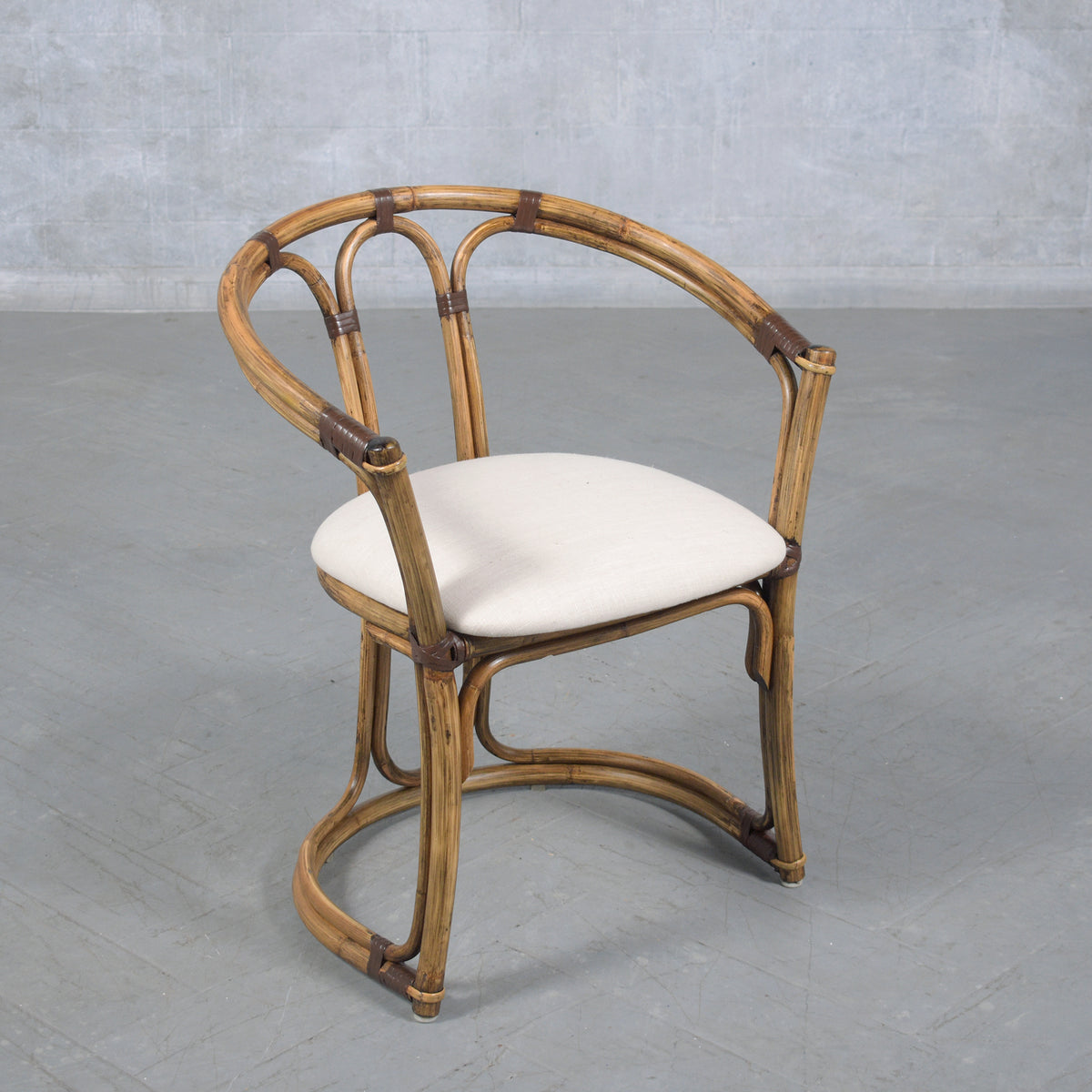 Restored Vintage Pair of Bamboo Barrel Chairs with Ivory Fabric