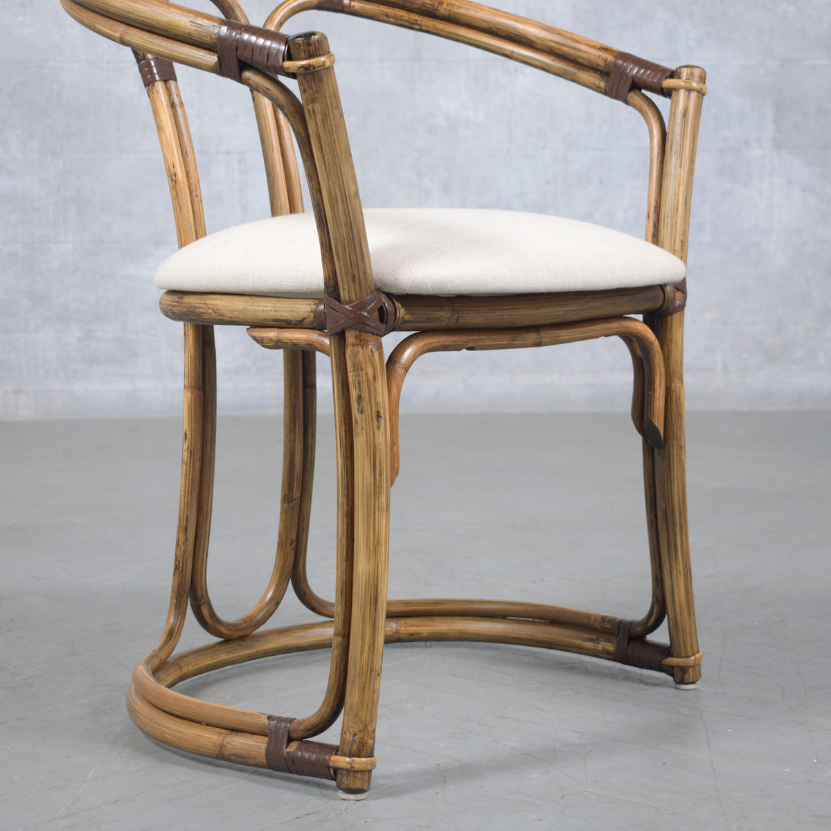 Restored Vintage Pair of Bamboo Barrel Chairs with Ivory Fabric