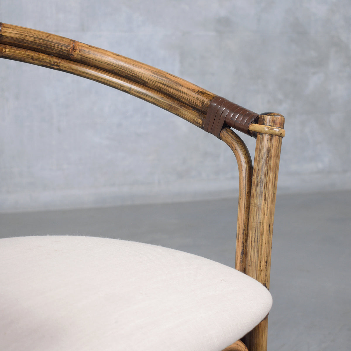 Restored Vintage Pair of Bamboo Barrel Chairs with Ivory Fabric