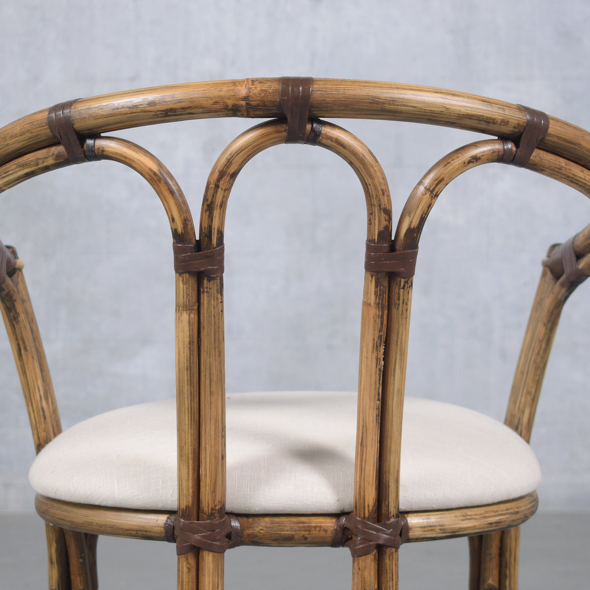 Restored Vintage Pair of Bamboo Barrel Chairs with Ivory Fabric