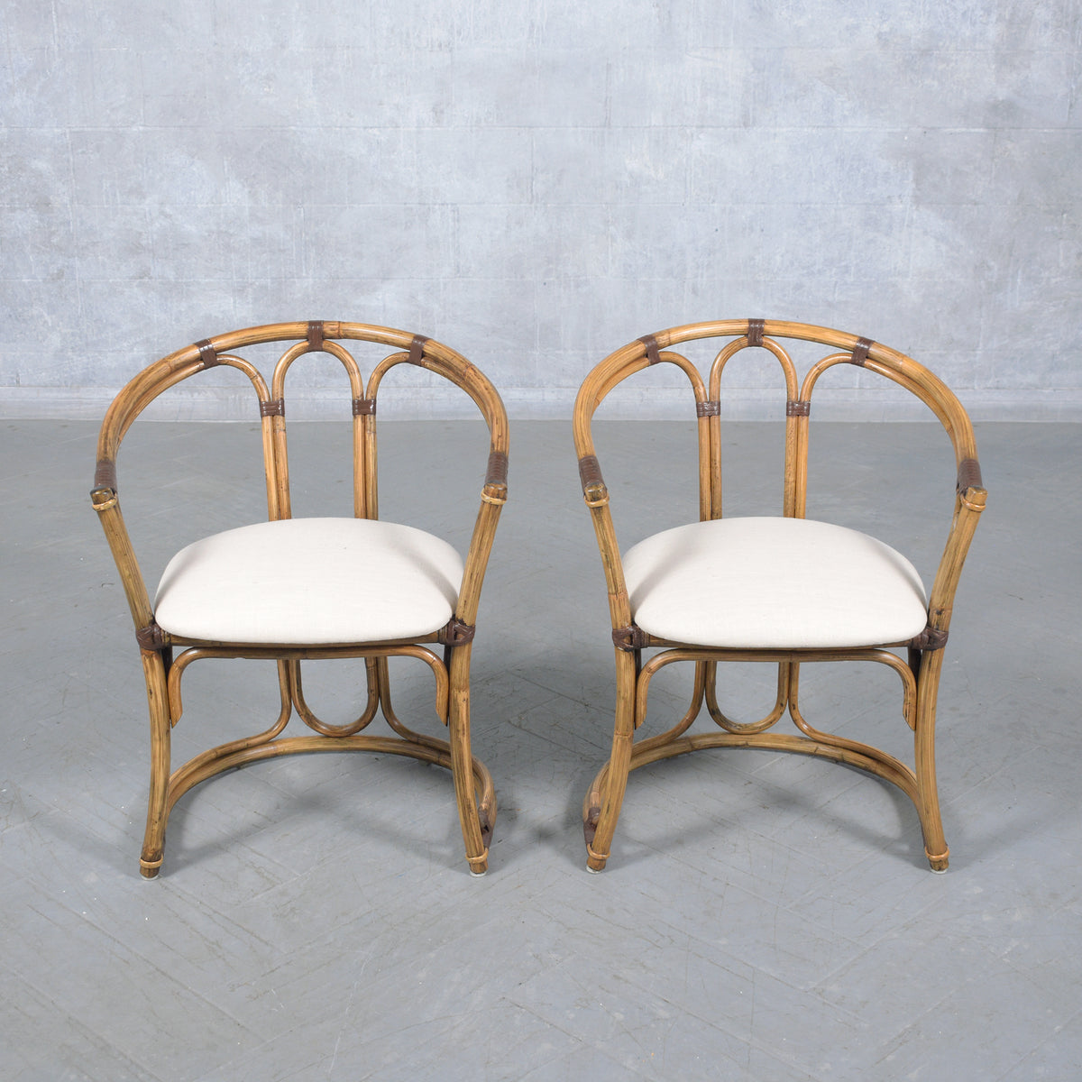 Restored Vintage Pair of Bamboo Barrel Chairs with Ivory Fabric