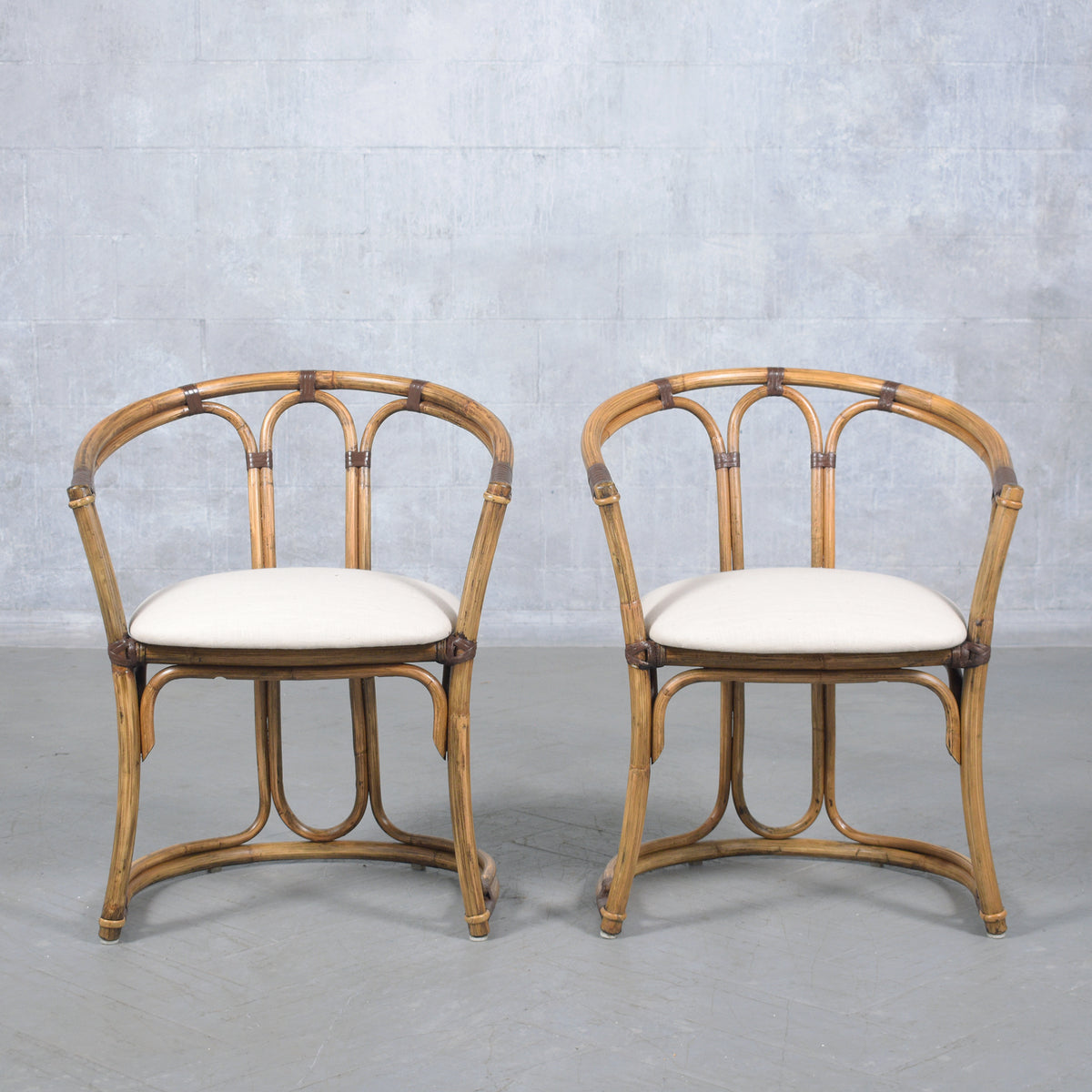 Restored Vintage Pair of Bamboo Barrel Chairs with Ivory Fabric