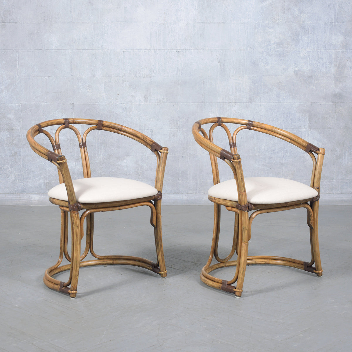 Restored Vintage Pair of Bamboo Barrel Chairs with Ivory Fabric