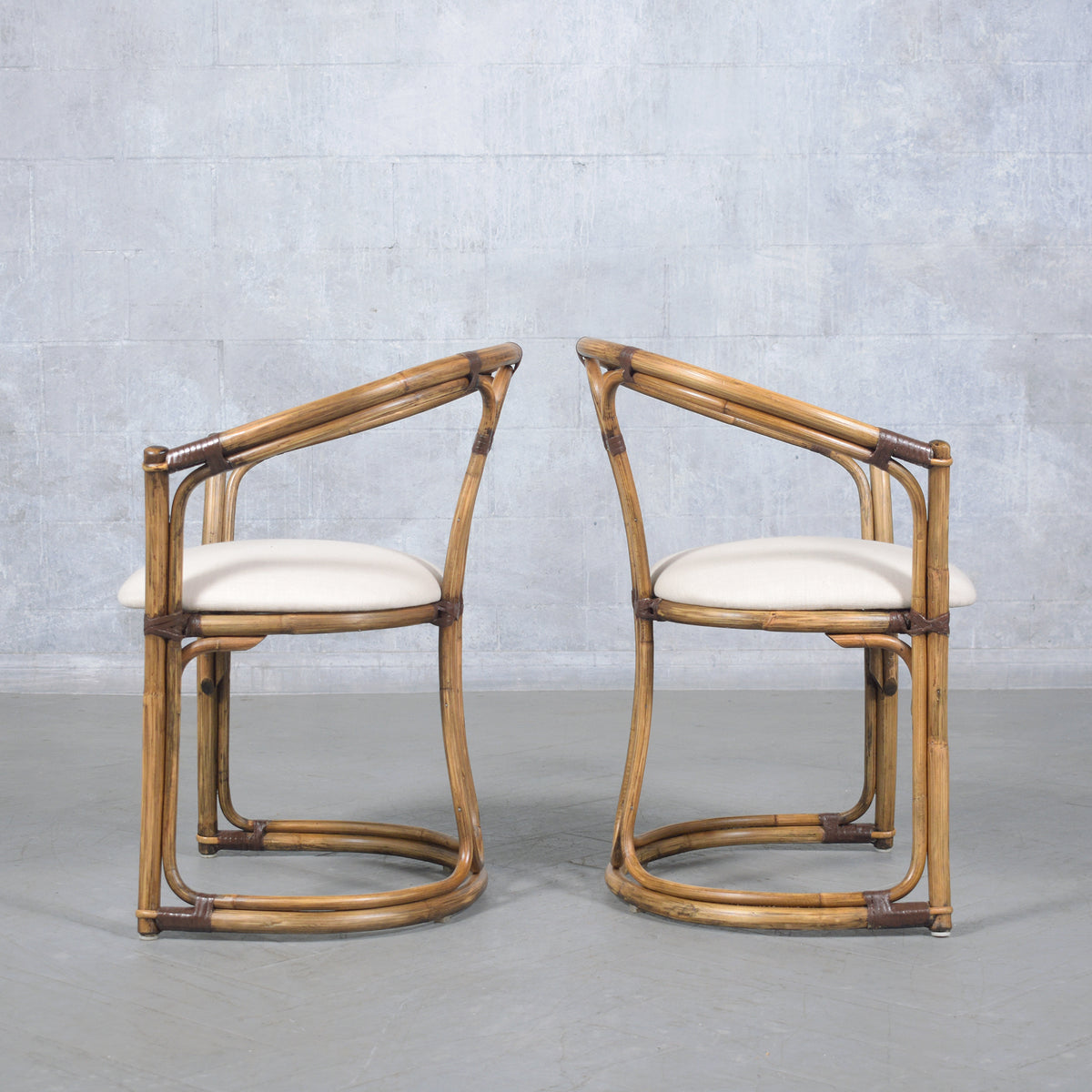 Restored Vintage Pair of Bamboo Barrel Chairs with Ivory Fabric
