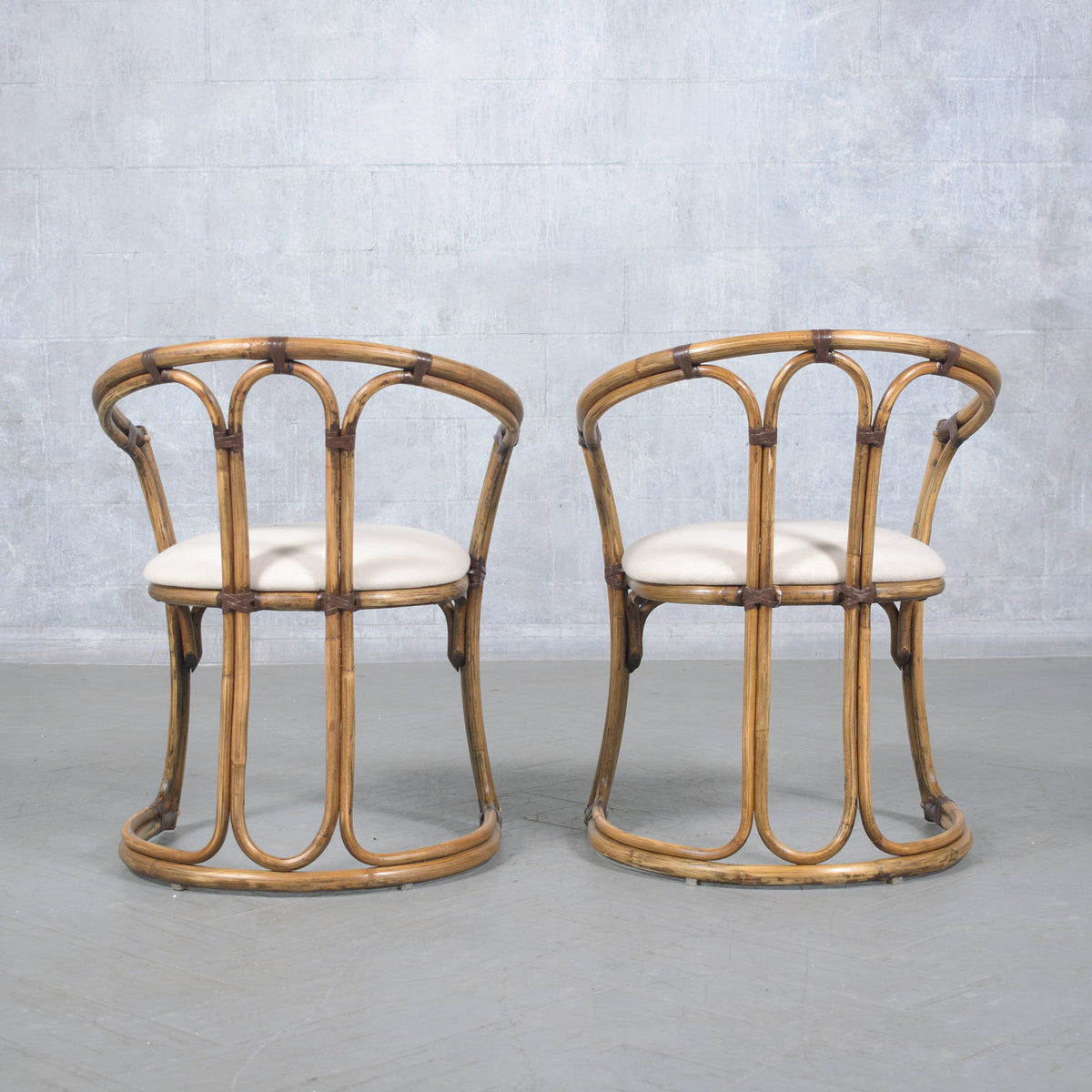 Restored Vintage Pair of Bamboo Barrel Chairs with Ivory Fabric