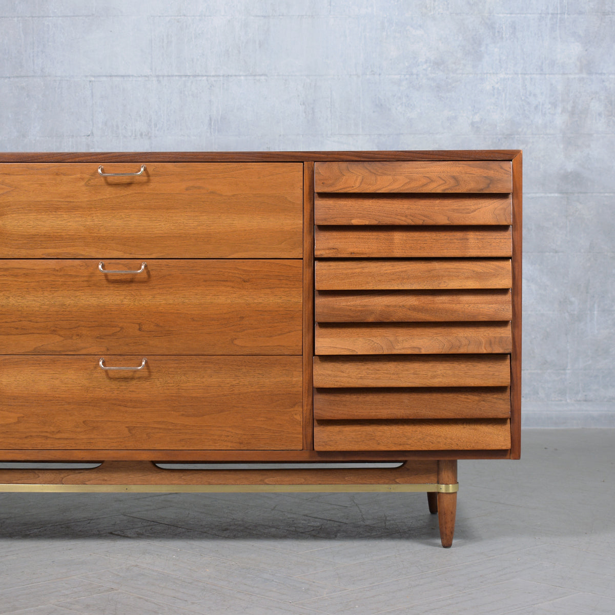 Vintage Mid-Century Modern Walnut Dresser with Brass Accents - Restored Elegance
