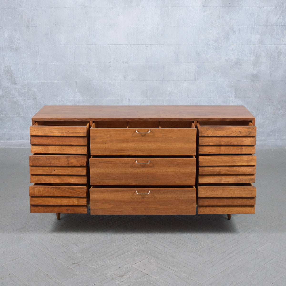 Vintage Mid-Century Modern Walnut Dresser with Brass Accents - Restored Elegance