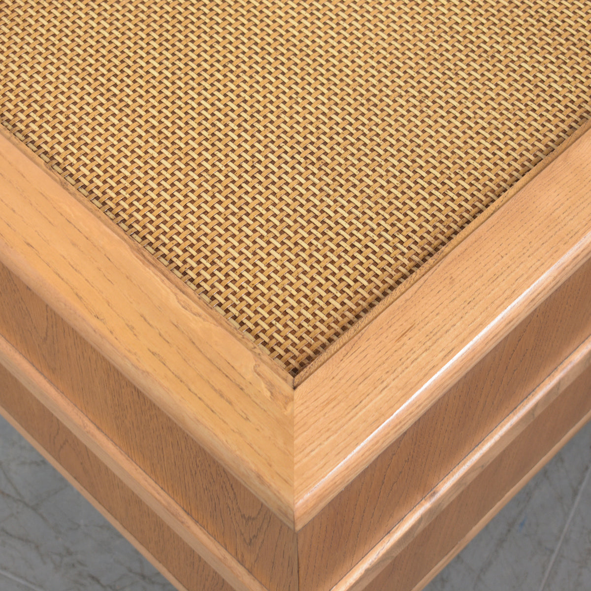 Restored 1980s Mid-Century Oak Rattan Side Table