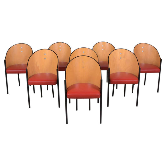 Set of 8 Vintage Mid-Century Dining Chairs: Timeless Elegance in Red Leather