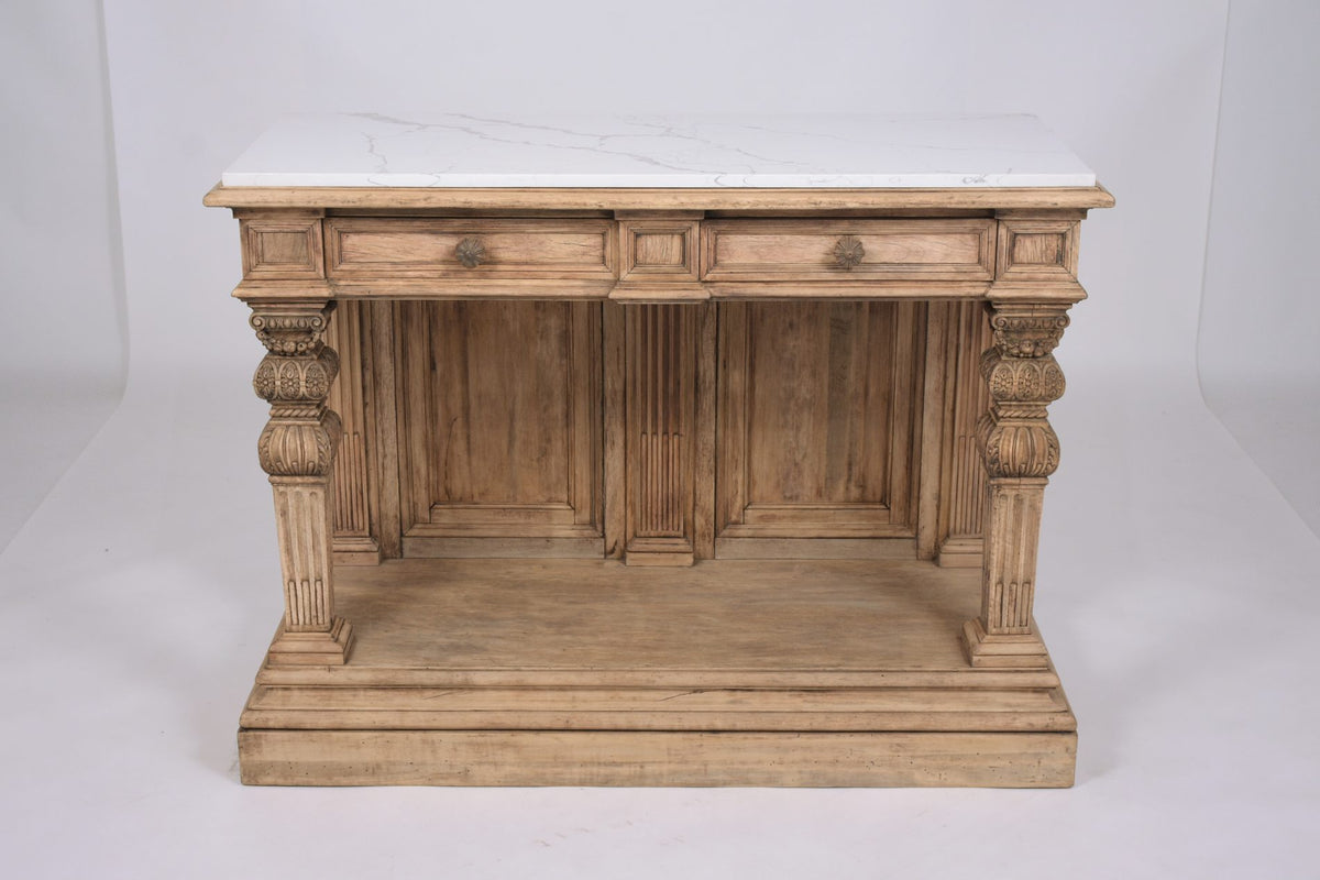 1880s Antique Baroque Carved Walnut Console with White Marble Top