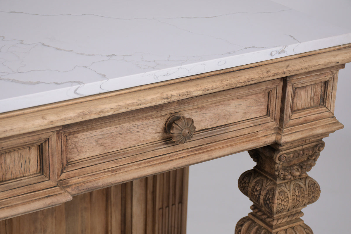 1880s Antique Baroque Carved Walnut Console with White Marble Top