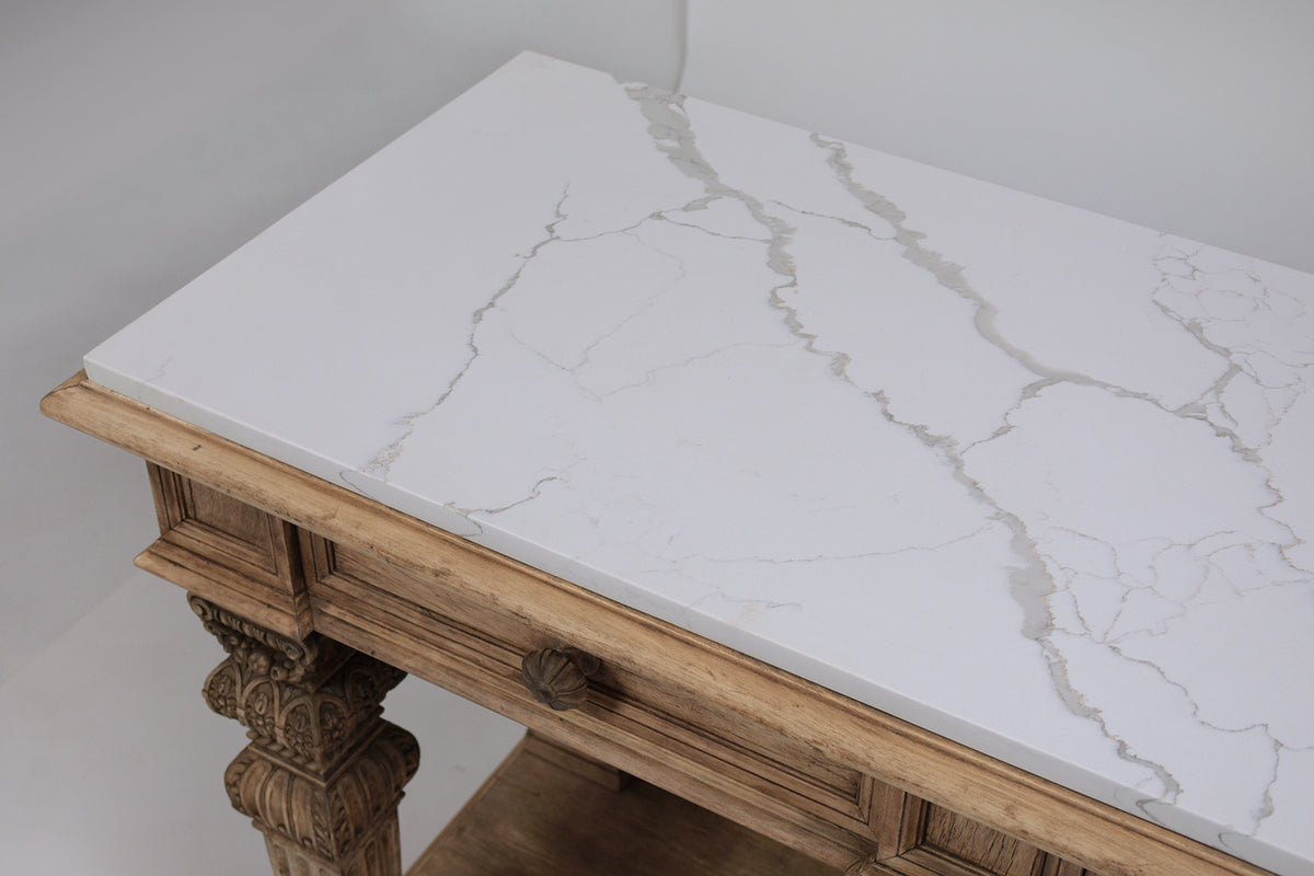 1880s Antique Baroque Carved Walnut Console with White Marble Top