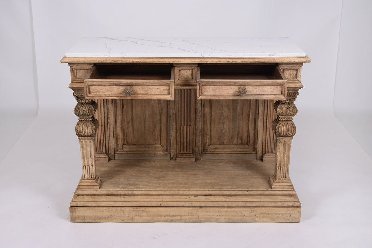 1880s Antique Baroque Carved Walnut Console with White Marble Top